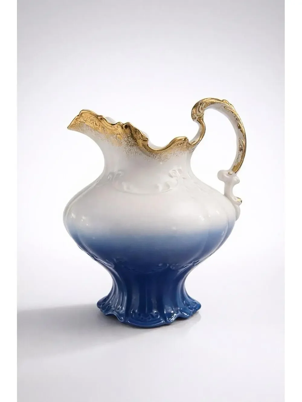 Vintage RS Prussia Blue Ombre Porcelain Pitcher with Gold Trim